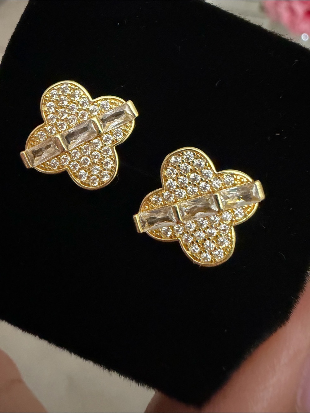 Gold tone with CZ accents Clover Stud Earrings